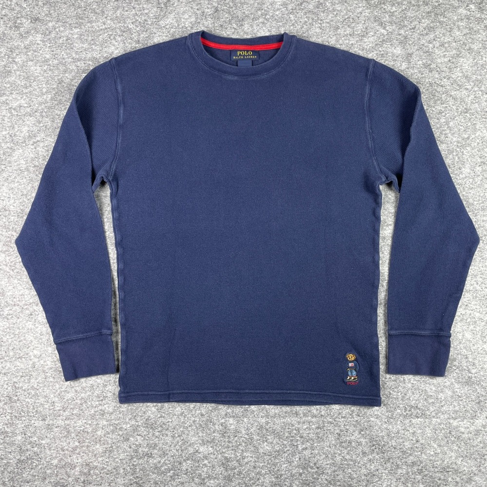 Polo Ralph Lauren Thermal Shirt Mens Large Navy‎ Polo Bear Waffle Knit Crewneck